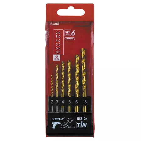 DEDRA Zestaw 6szt wierteł do metalu HSS+kobalt+TiN, 135°