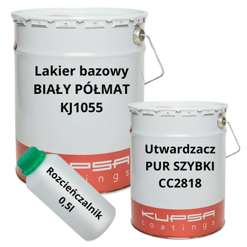KUPSA KJ1055 Zestaw lakier bazowy poliuretanowy KJ1055 z utwardzaczem i rozcieńczalnikiem szybkoschnącym - Komplet gotowy do użycia BIAŁY PÓŁMAT
