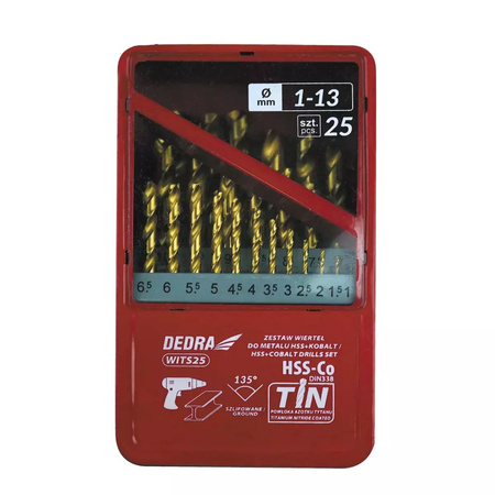 DEDRA Zestaw 25szt wierteł do metalu HSS+kobalt+TiN, 135°