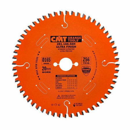 CMT Piła do laminatów laminatu i płyty wiórowej 165x20 mm 56Z 281.166.56H