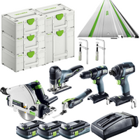 Festool Zestaw elektronarzędzi Wkrętarka Zakrętarka Wyrzynarka Urządzenie wielofunkcyjne Zagłębiarka z szyną prowadzącą - 3 akumulatory w zestawie