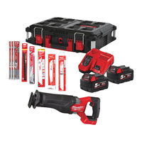 Milwaukee Piła Szablasta M18 FSZ100P-502P w zestawie z kompletem brzeszczotów (93 sztuki), 2 akumulatory, ładowarka, walizka Packout 3