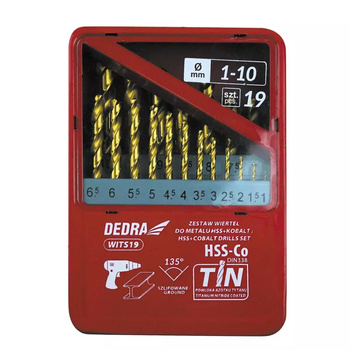 Zestaw 19szt wierteł do metalu HSS+kobalt+TiN, 135°